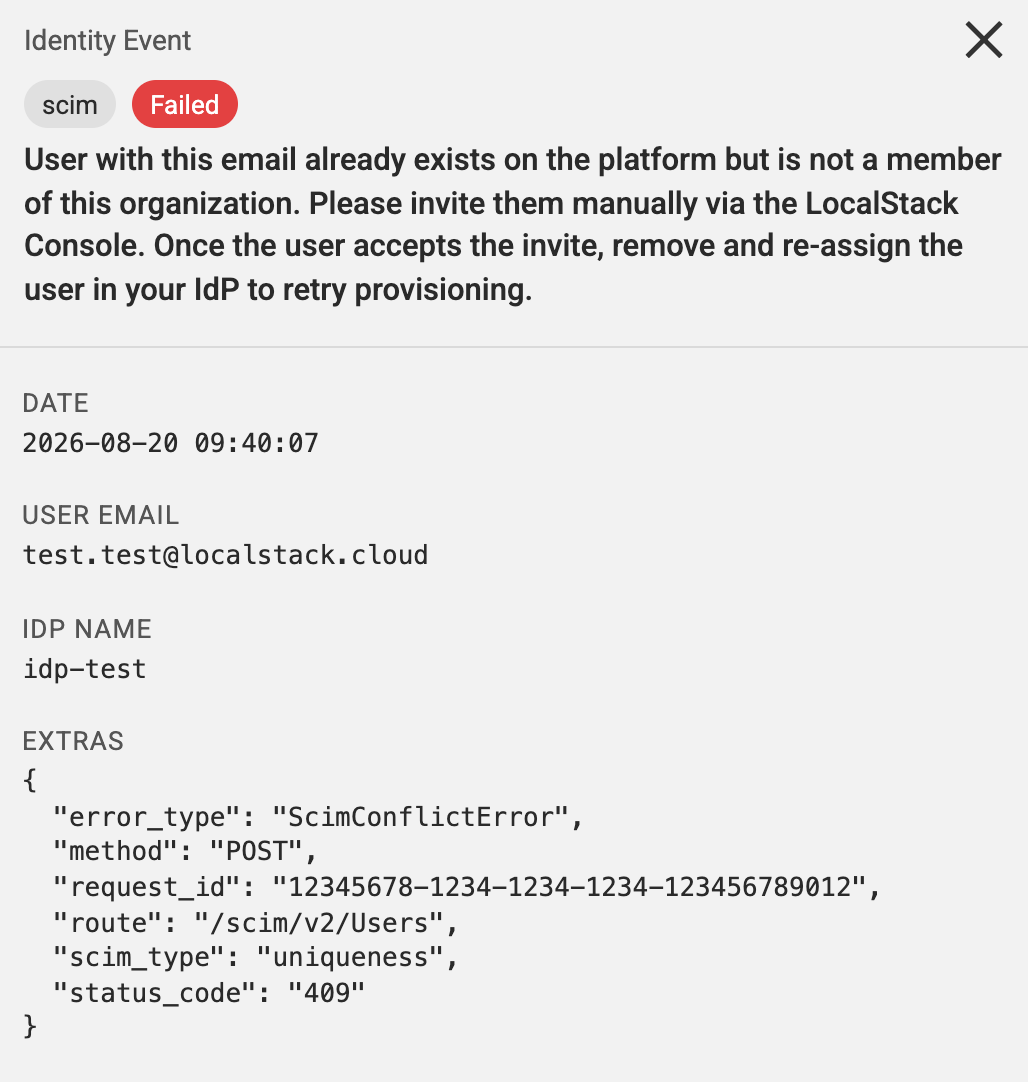 Identity Logs event for a SCIM user that already exists